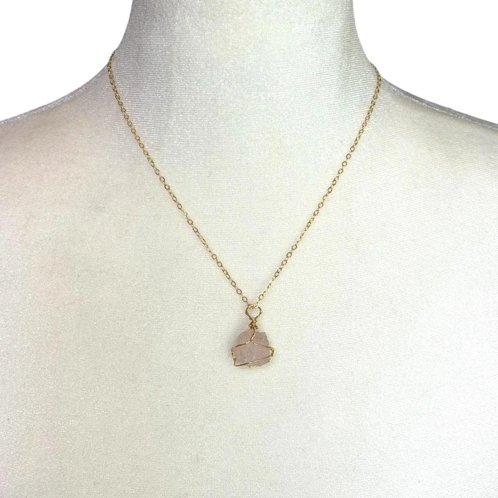 Beautiful Handmade Rose Quartz Crystal Pendant  With Gold Plated Stainless Chain